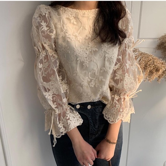 Tops - Lace floral embroidery blouse bow tie lace up cream apricot womens puff sleeve